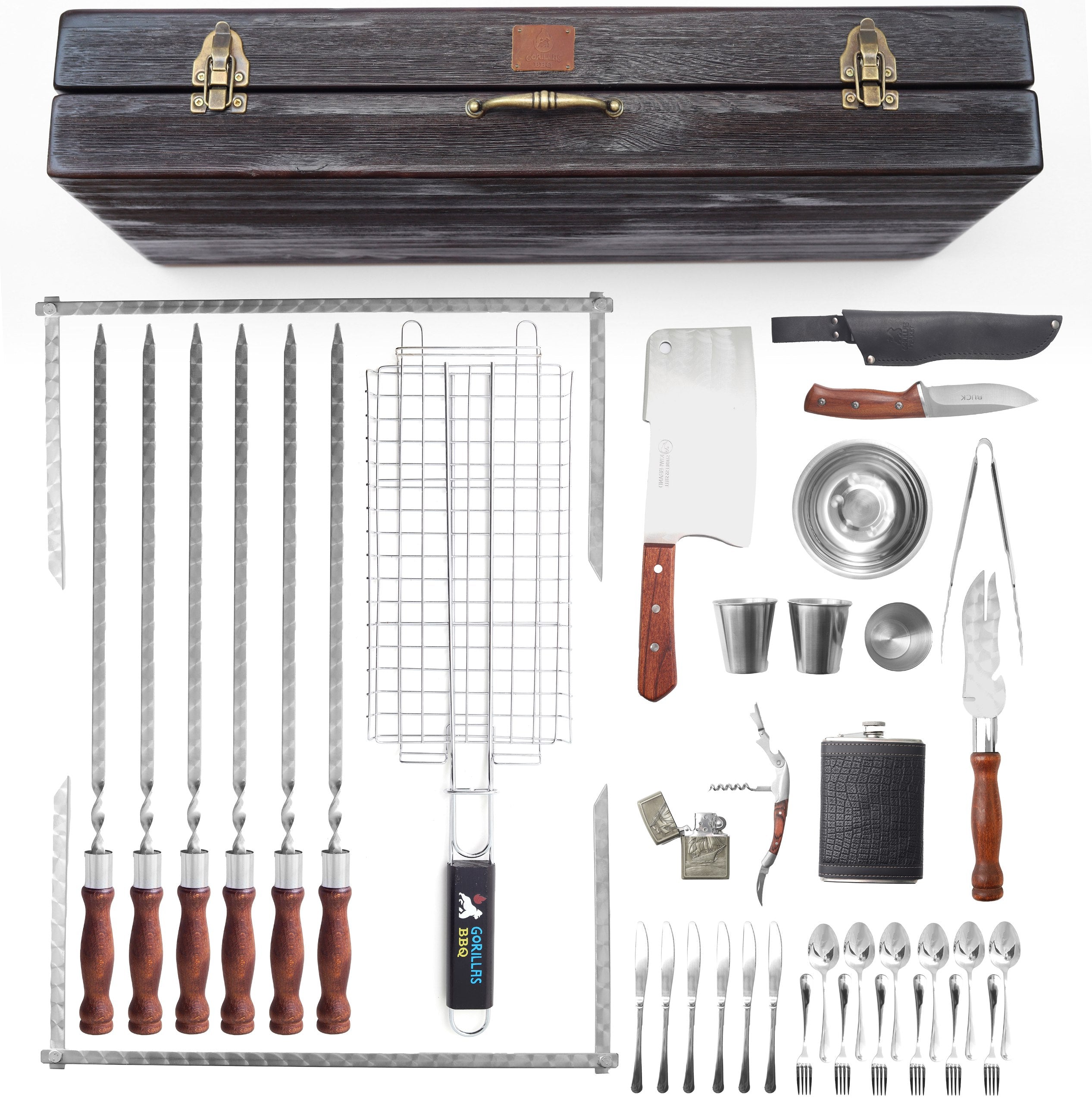 BBQ Grills and Accessories - Grilling Accessories – Skewers Set "Bison" - BBQ Set Tools In a Wooden Case, 45 item