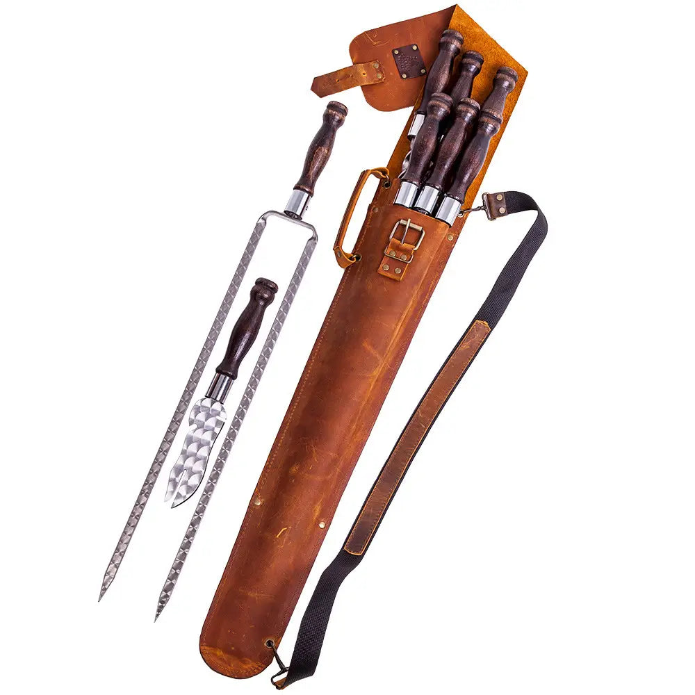 BBQ Tools Skewers Set  "Quiver Max" Grilling in a Leather Case, 9 item