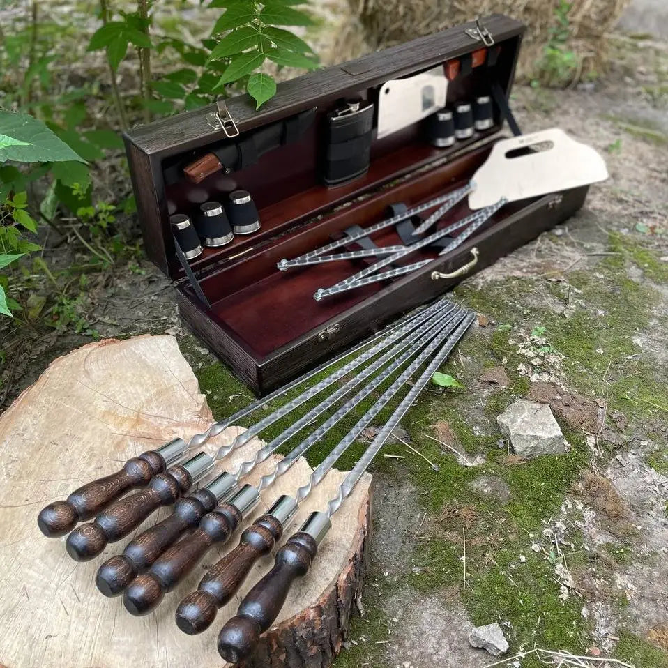 BBQ Tools Skewers Set "Wild Pig" for Outdoor Cooking In a Wooden Case , 17 items