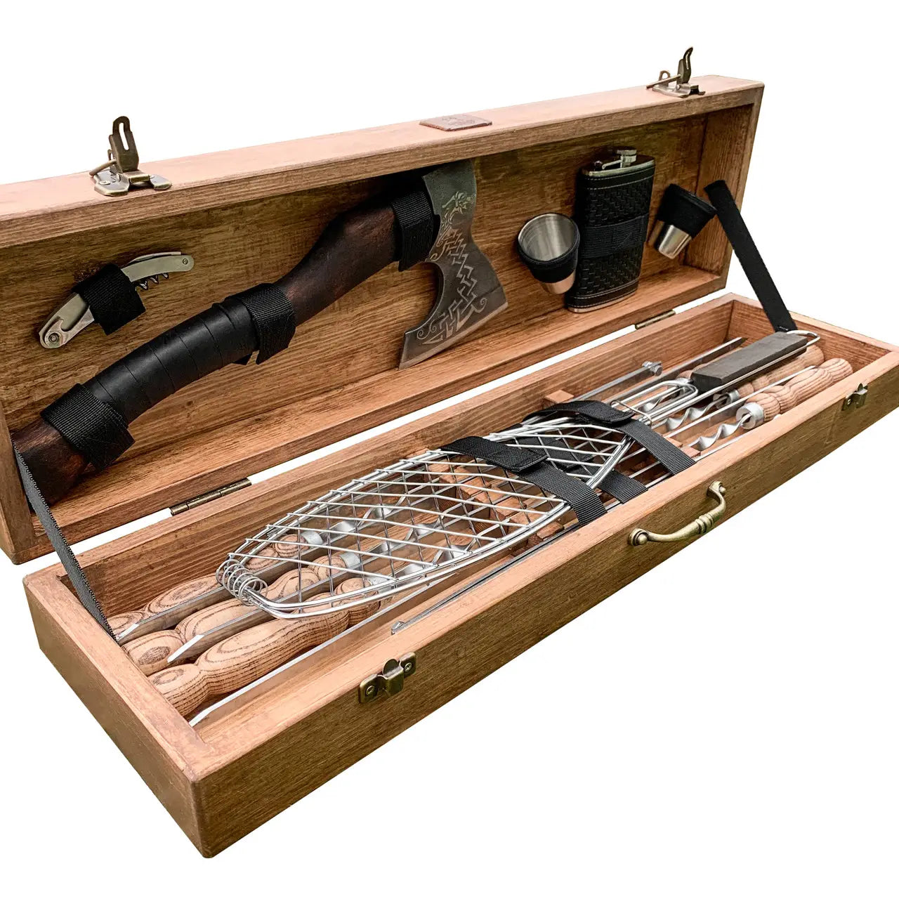 Outdoor BBQ Skewers Set "Panther" in a Wooden Case, 18 item