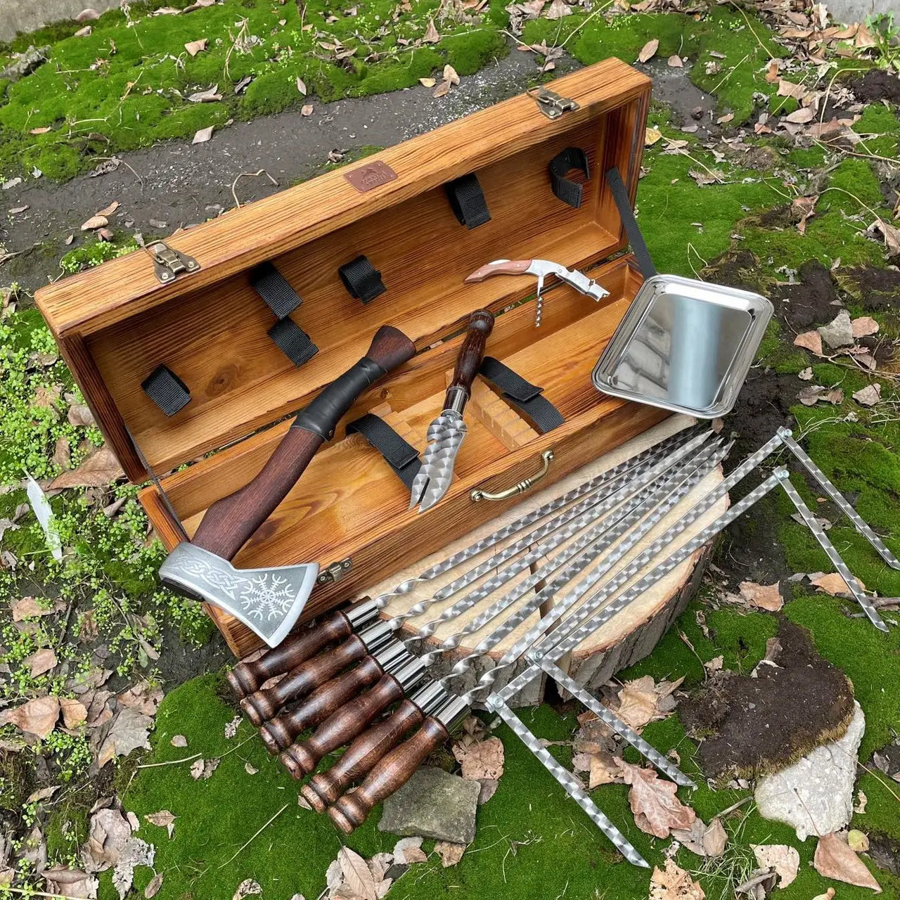Outdoor Grilling Accessories BBQ Skewers Set "Lynx" In a Wooden Case, 12 items - Viking Create