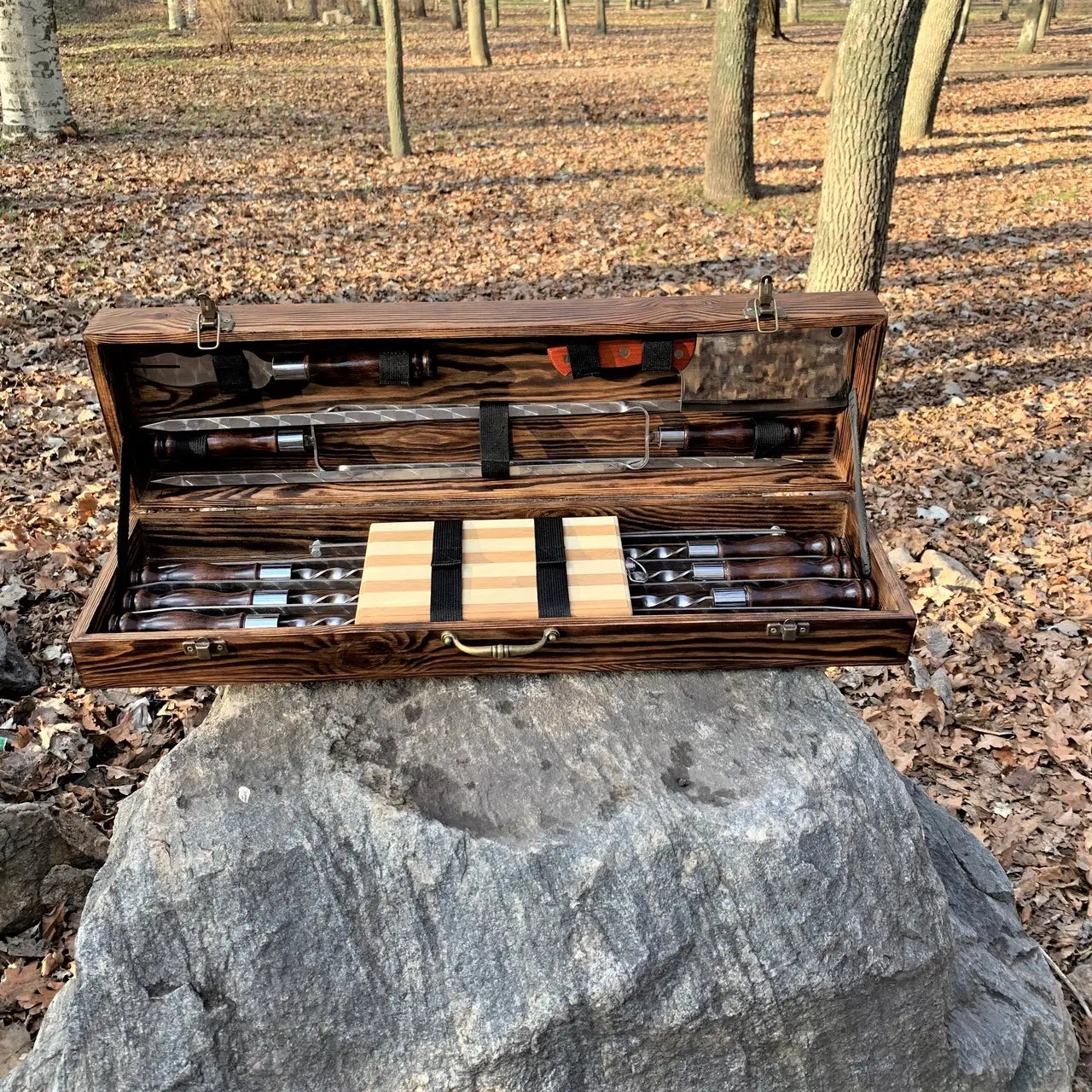 Grilled Kabobs Backyard BBQ Skewers Set “Tiger” Tiger In a Wooden Case, 13 item