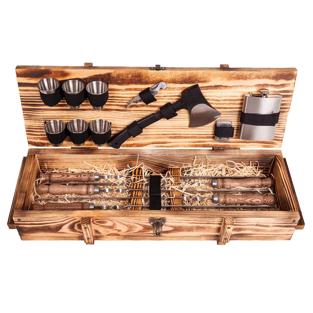 Outdoor BBQ Skewers Set "Knight" In a Wooden Case, 17 item