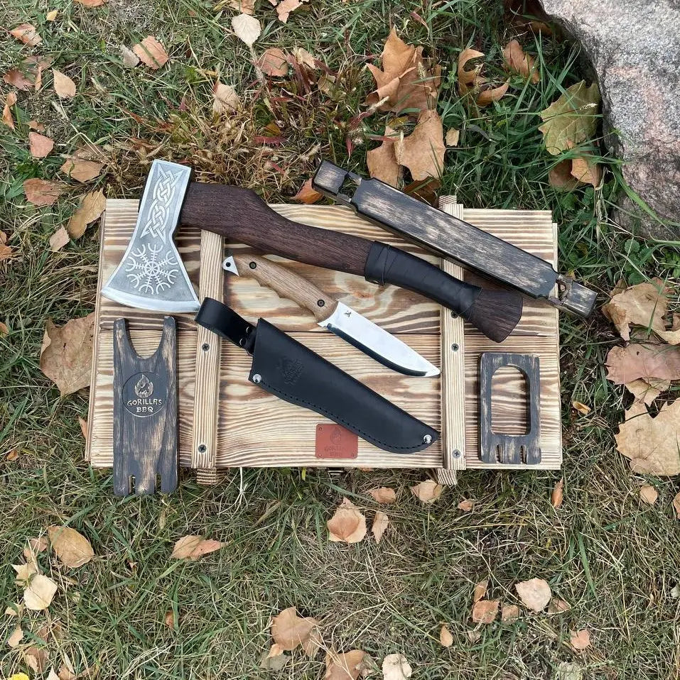 Camping Equipment Gift Set “Warrior" Hatchet Tools in a Wooden Case, 3 item