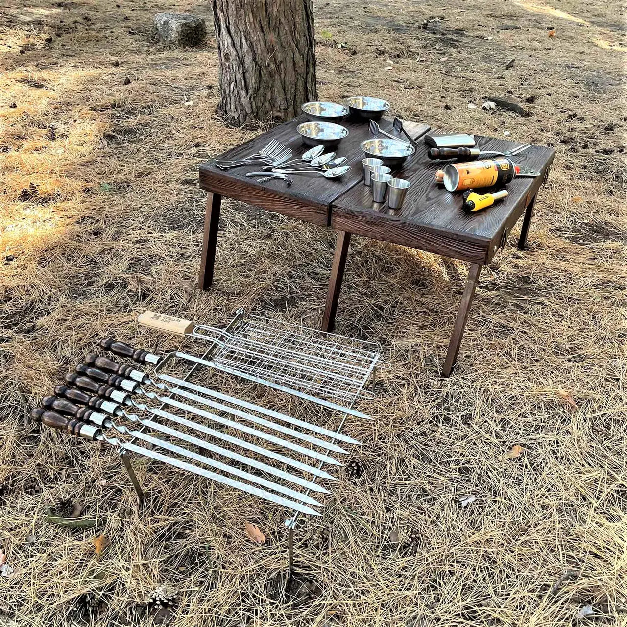 BBQ Tools Set - Grilling Accessories – Skewers Set "Chameleon"- BBQ Grills and Accessories in a Wooden Case Table, 34 items