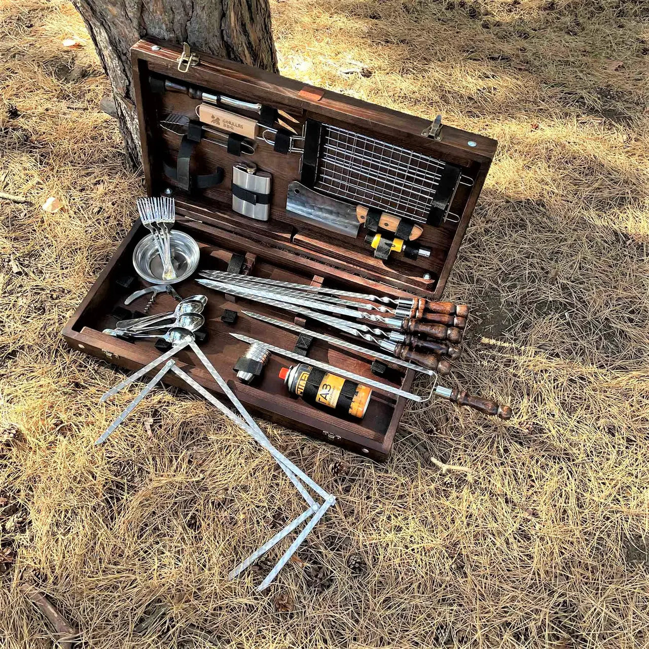 BBQ Tools Set - Grilling Accessories – Skewers Set "Chameleon"- BBQ Grills and Accessories in a Wooden Case Table, 34 items