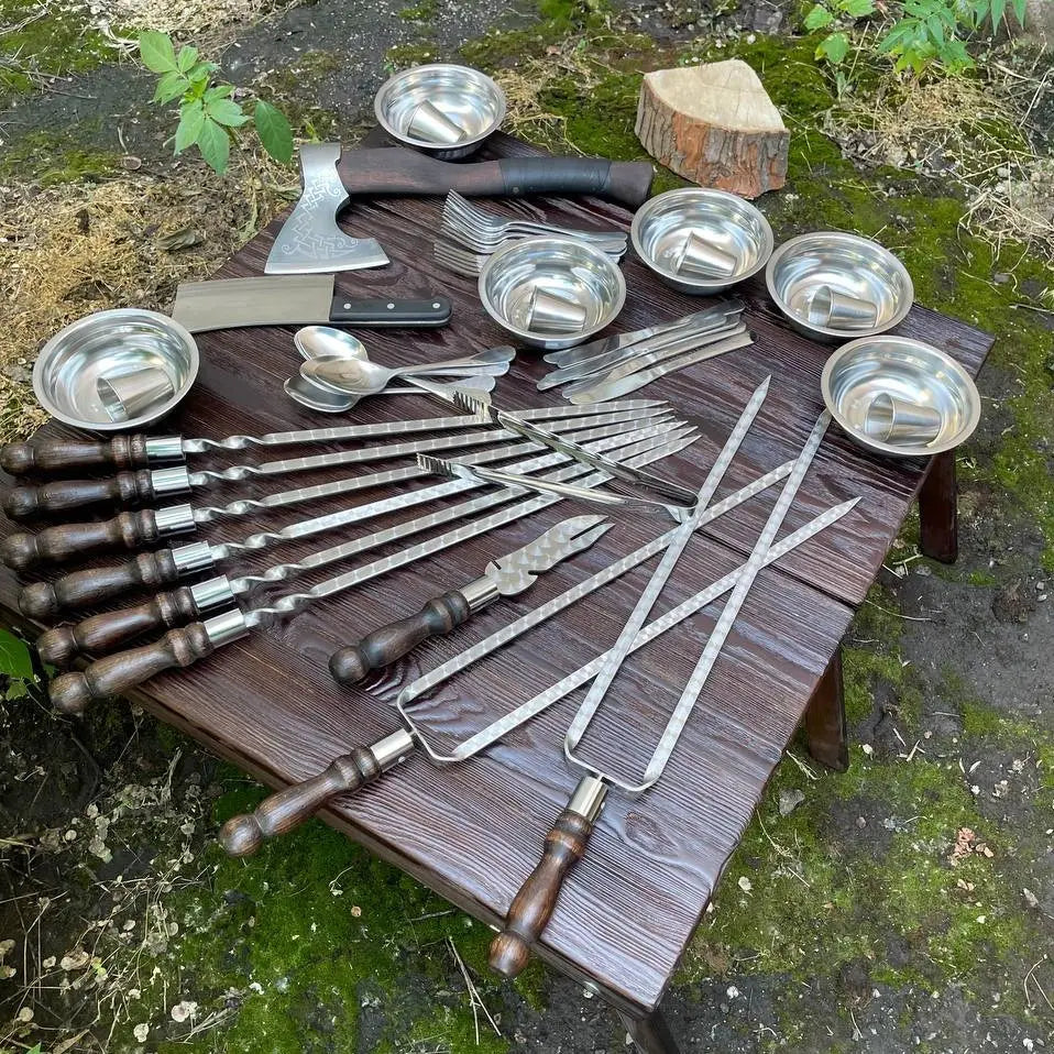 Camping Accessories BBQ Skewers Set “Auroch" In a Wooden Case - Table, 44 item