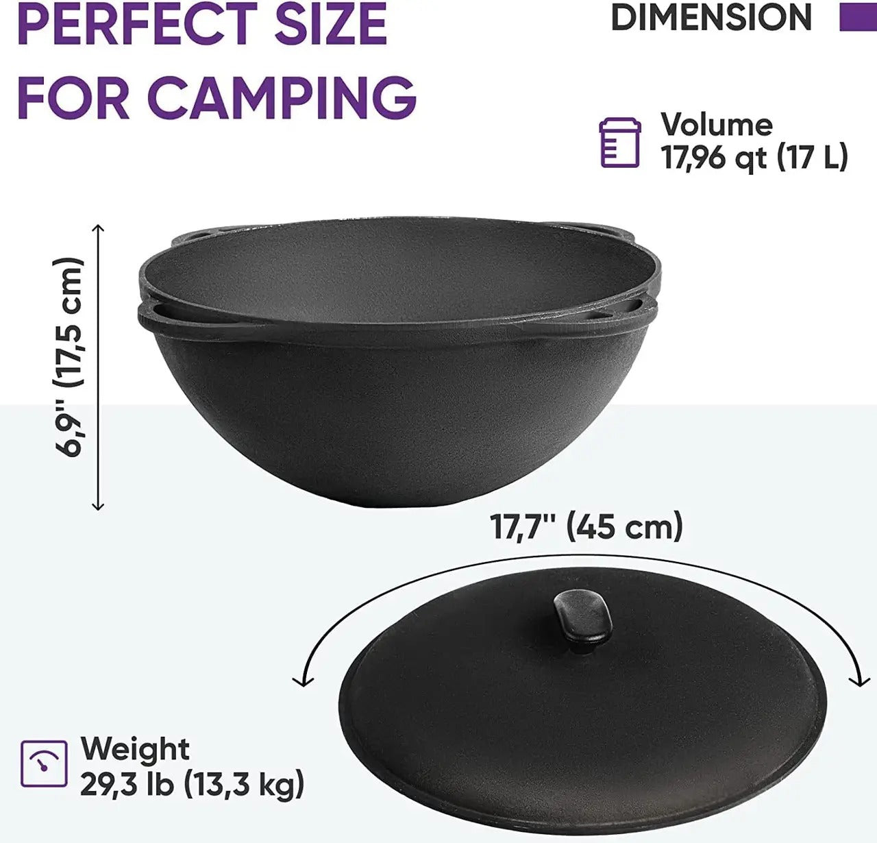17,96 quart Cast Iron Braiser with Cast Iron Lid,Cauldron for Outdoor Cooking